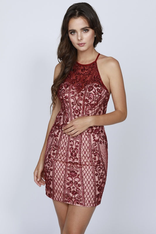 Burgundy halter fitted short dress with ornate pattern and sleeveless cut