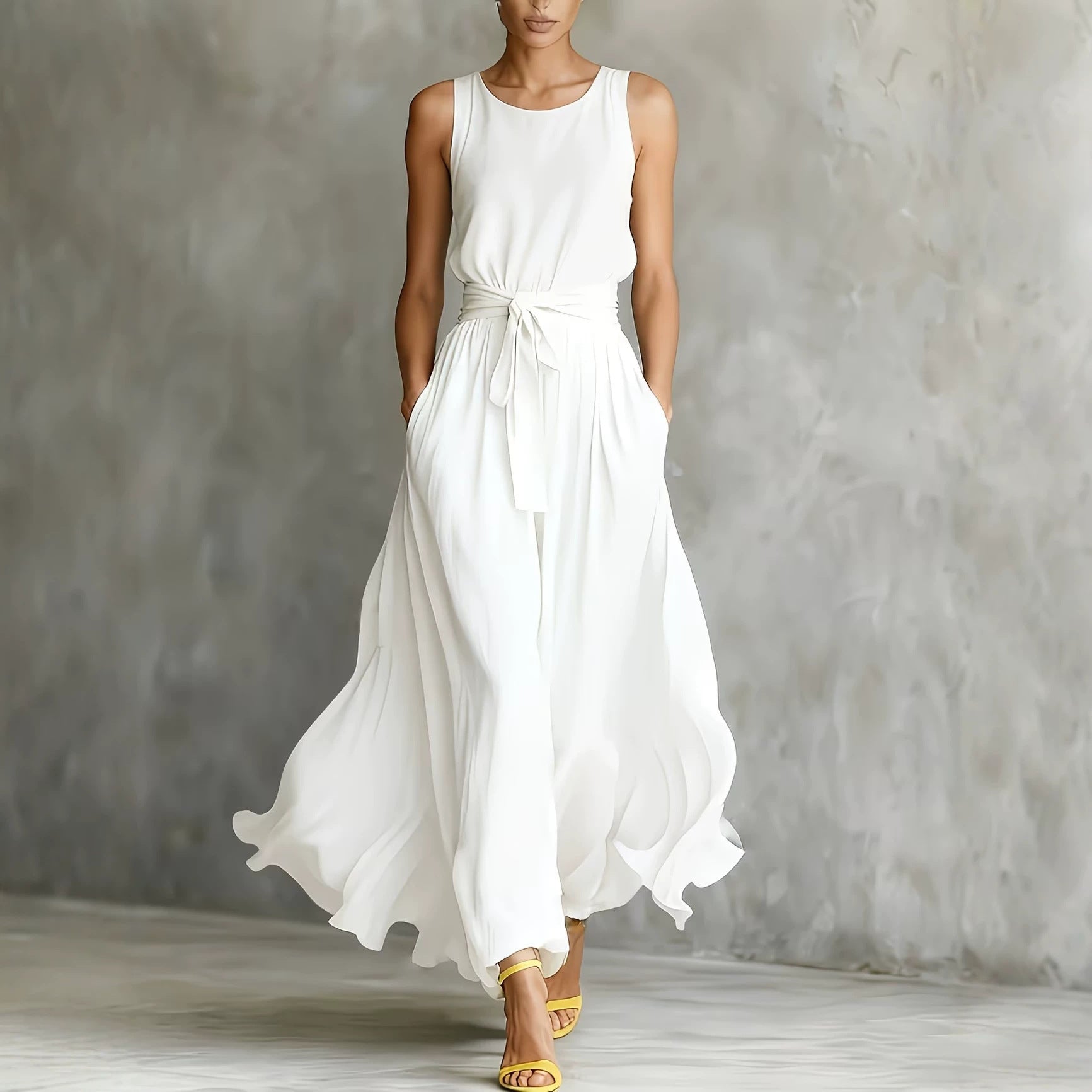 Women's white sleeveless maxi dress, tied waist, billowy skirt