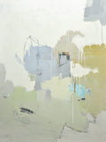 Abstract oil painting with pale blue, cream, and yellow blocks and drips