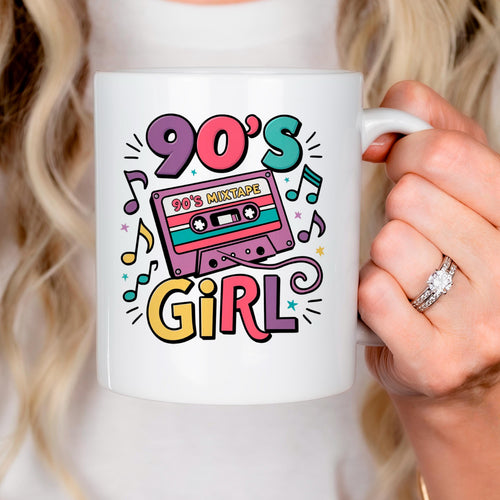 White ceramic mug with colorful 90's Girl cassette tape graphic