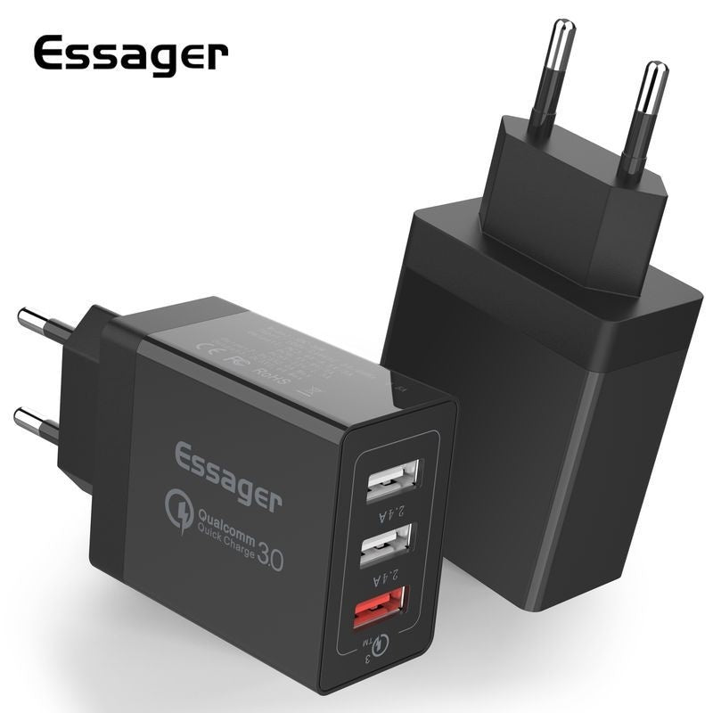Black 3-port USB fast mobile phone charger with three USB-A outputs