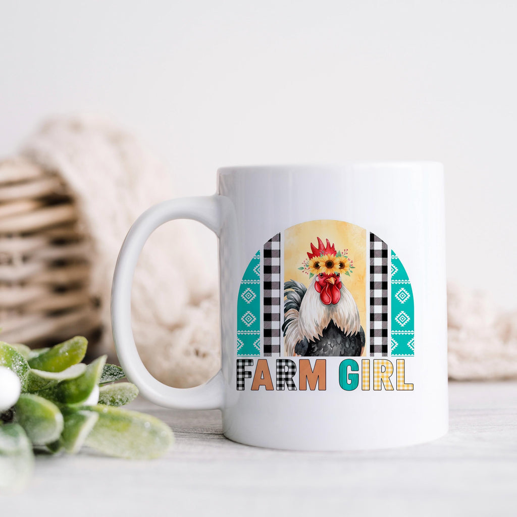 White ceramic mug with rooster illustration, sunflower crown, and Farm Girl text