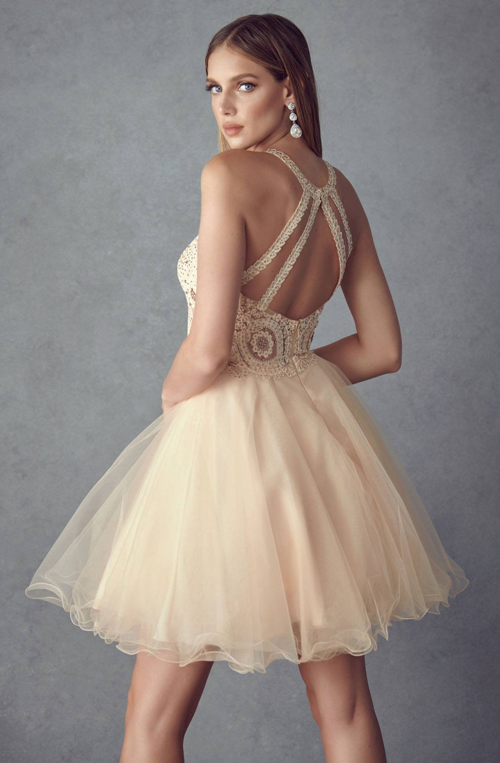 Ivory halter back lace fit-and-flare short party dress with crisscross straps