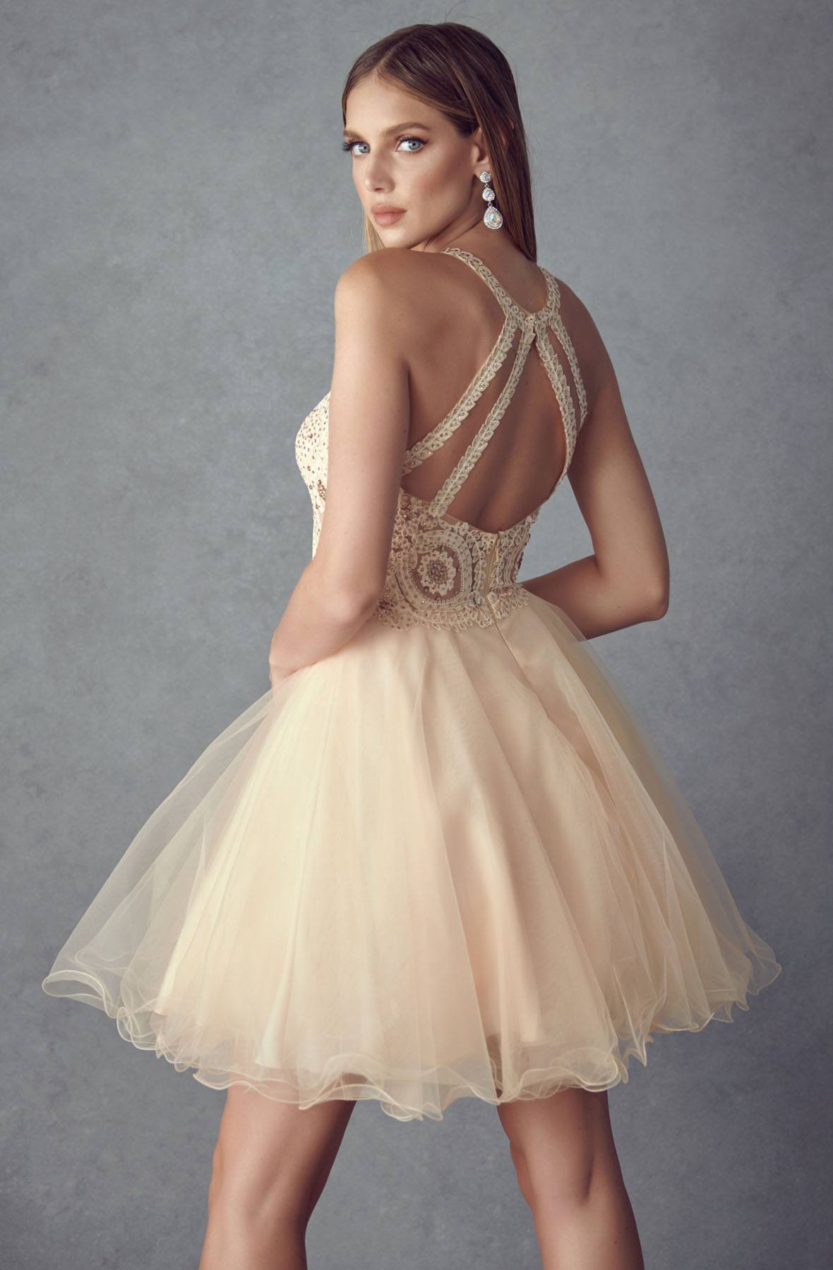 Ivory halter back lace fit-and-flare short party dress with crisscross straps