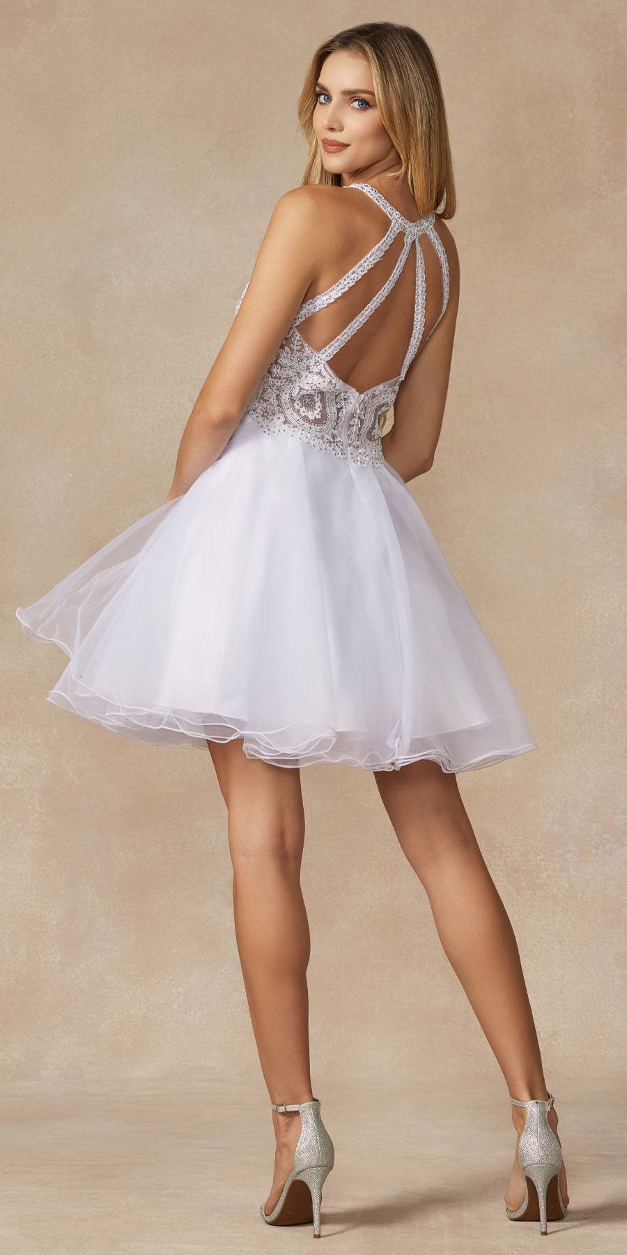 White tulle short party dress with silver beaded halter neck and open back