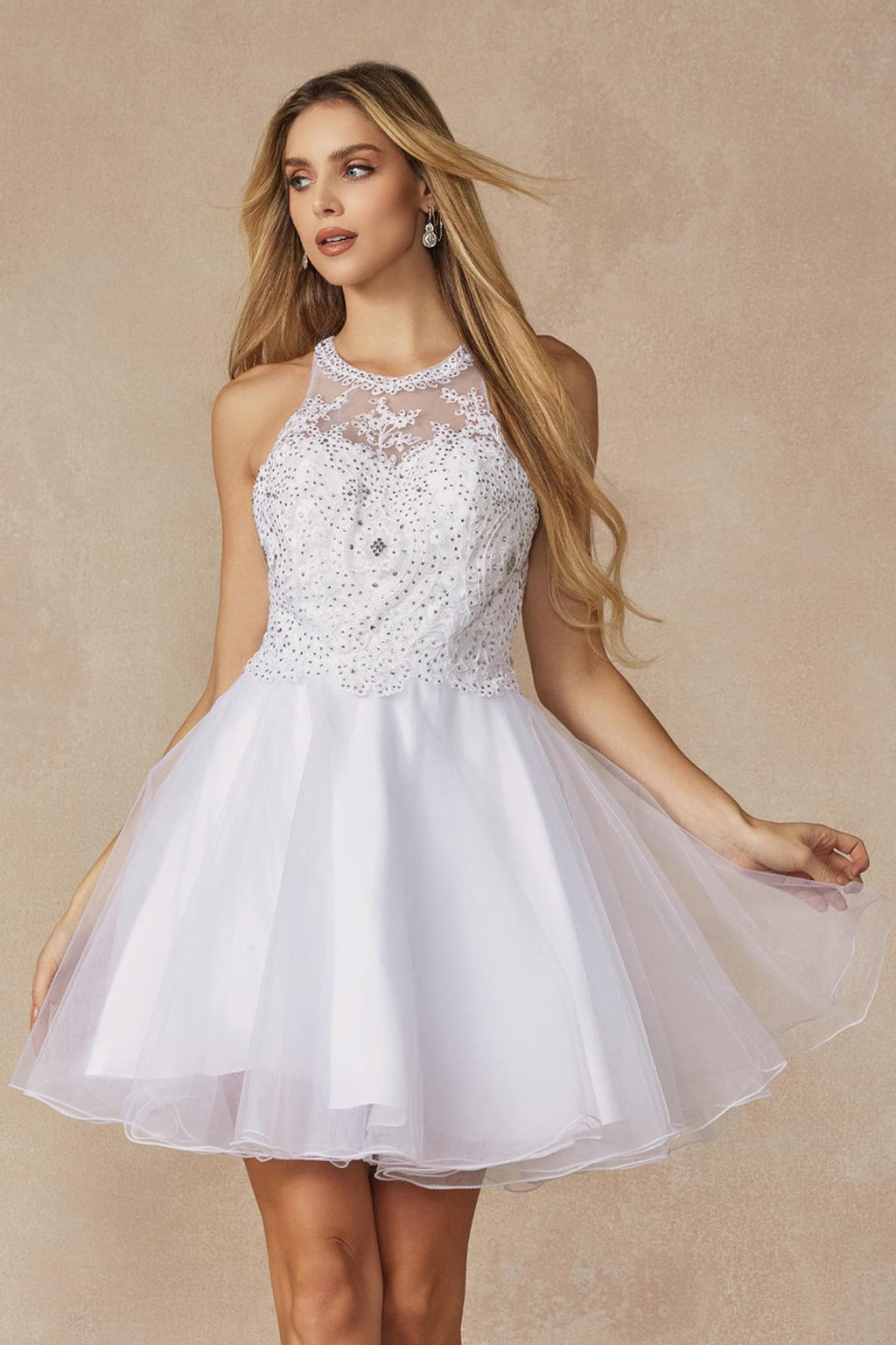 White beaded halter neck short party dress with flared tulle skirt