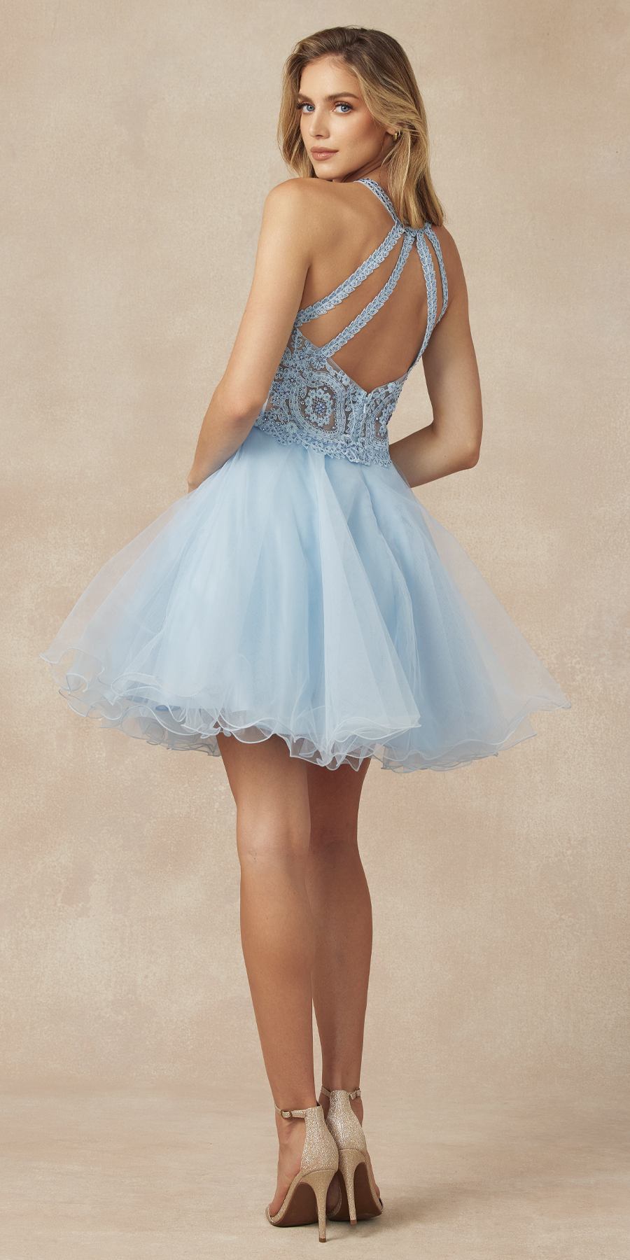 Light blue halter neck fit-and-flare short party dress with open-back straps