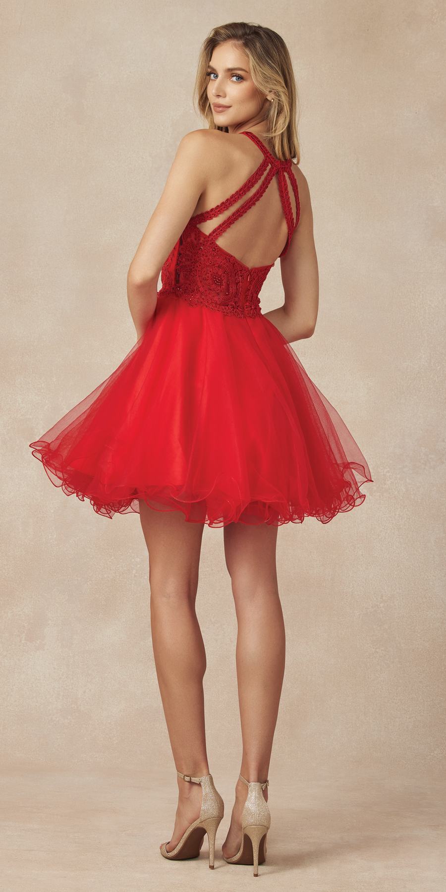 Red halter neck open-back fit-and-flare short party dress with tulle skirt