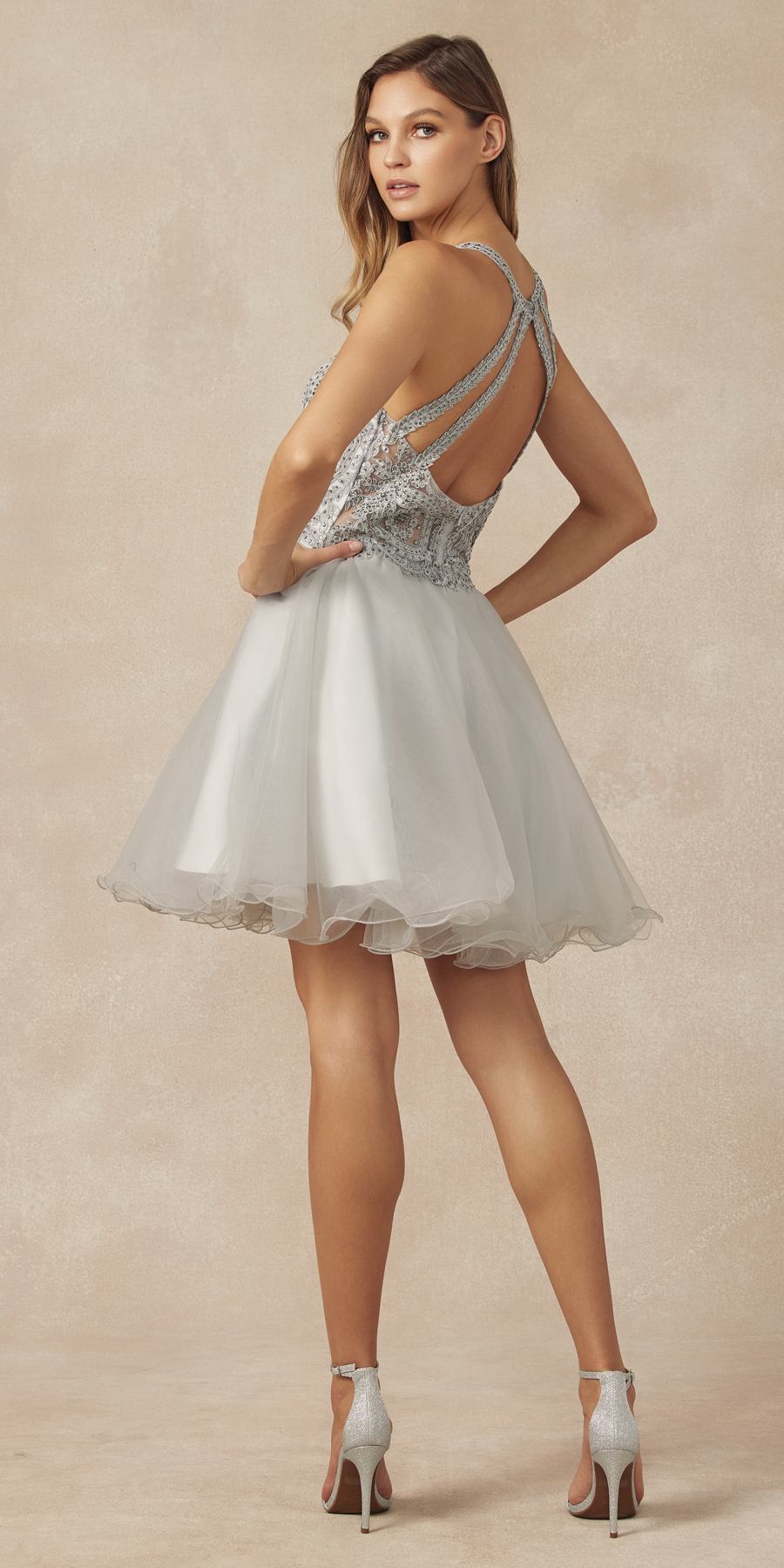 Silver-gray halter neck open-back fit-and-flare short party dress with lace bodice