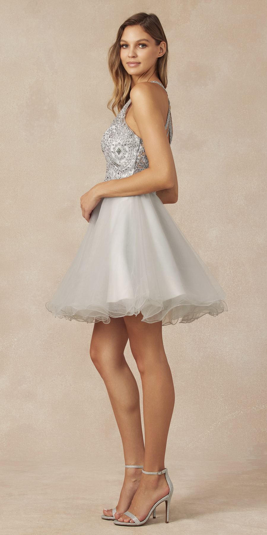 Silver sequin halter neck party dress with white tulle fit-and-flare skirt
