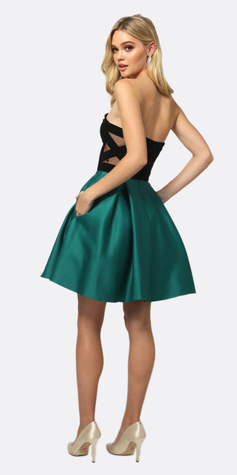 Sweetheart A-line short dress: black bodice and deep green flared skirt, side view