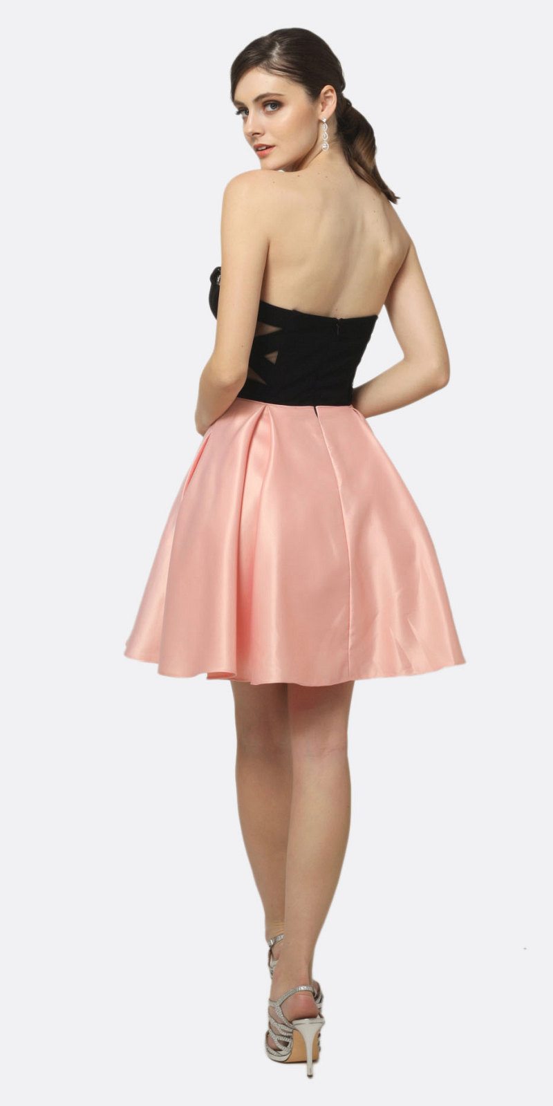 Sweetheart A-line short dress: black bodice and rose-pink pleated flared skirt