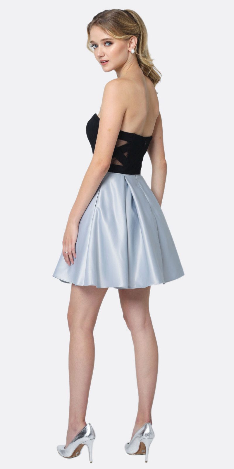 Sweetheart A-line short dress, black bodice and pale silver flared skirt