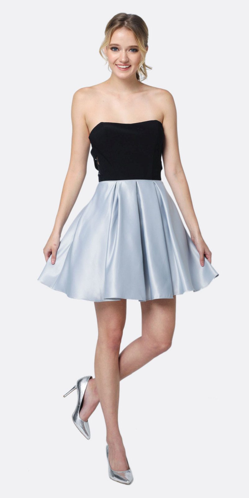 Two-tone sweetheart short A-line dress with black bodice and pale silver skirt