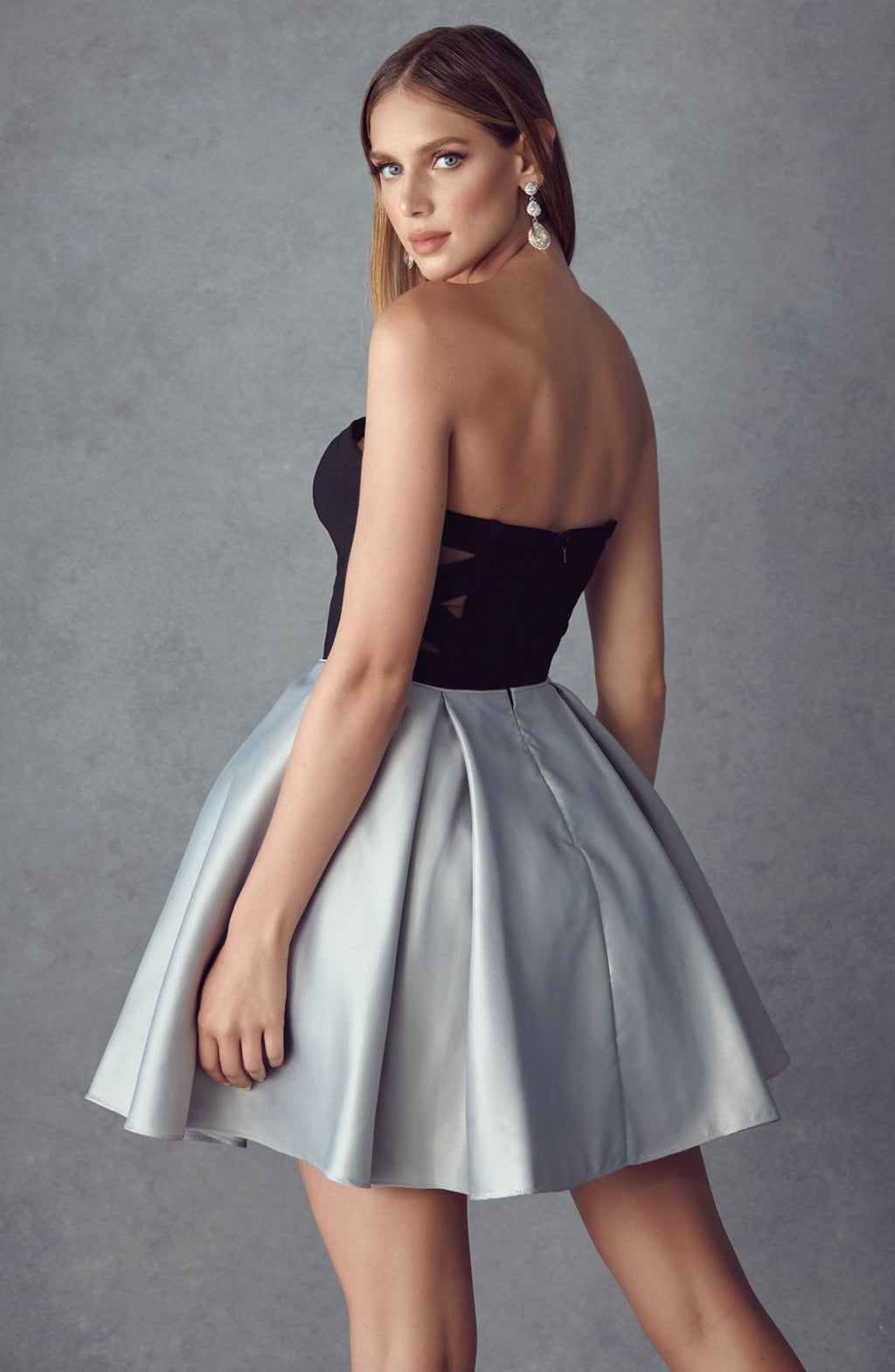Sweetheart A-line short dress: black strapless bodice, pale silver skirt
