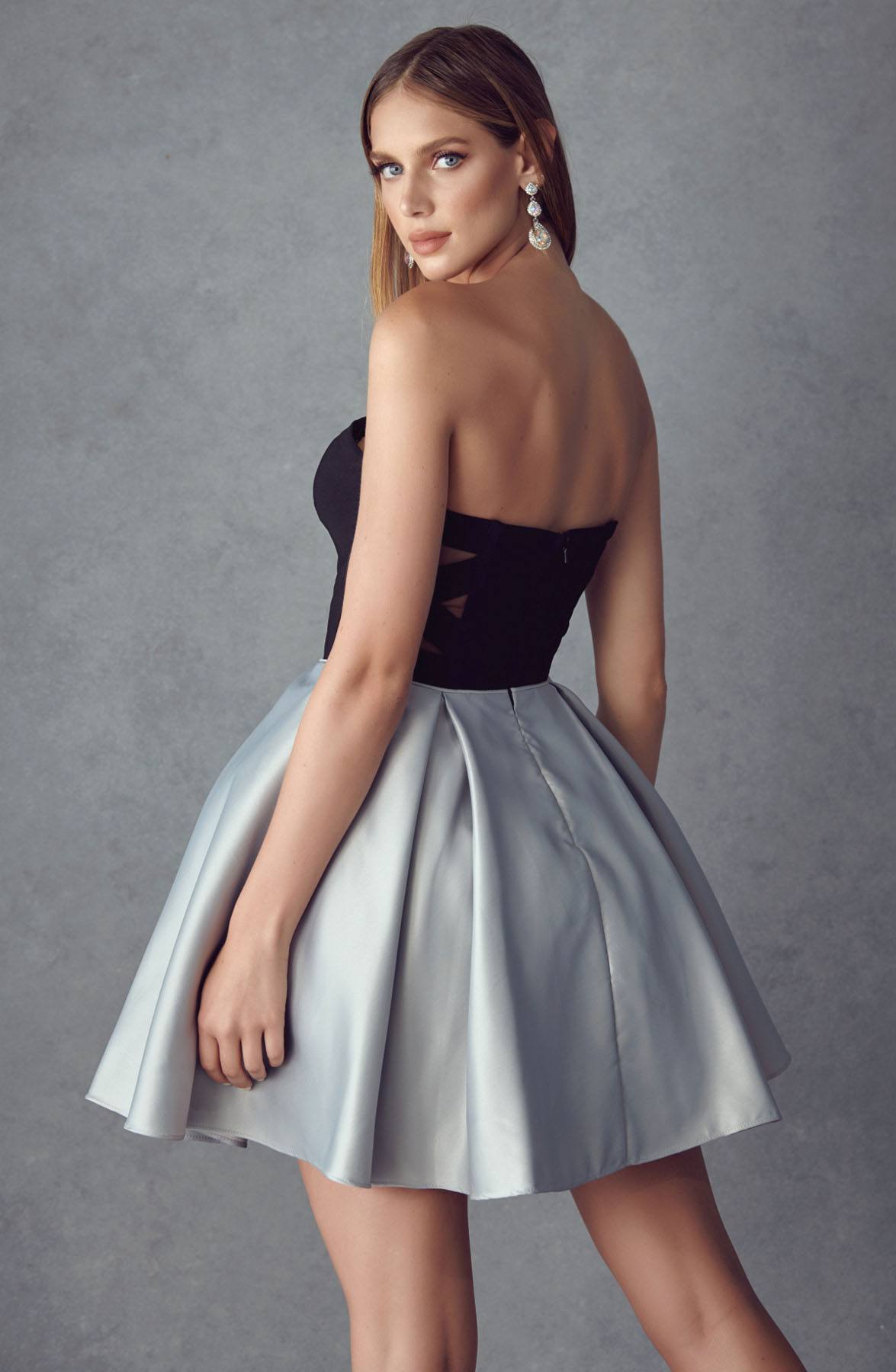 Sweetheart A-line short dress: black strapless bodice, pale silver skirt
