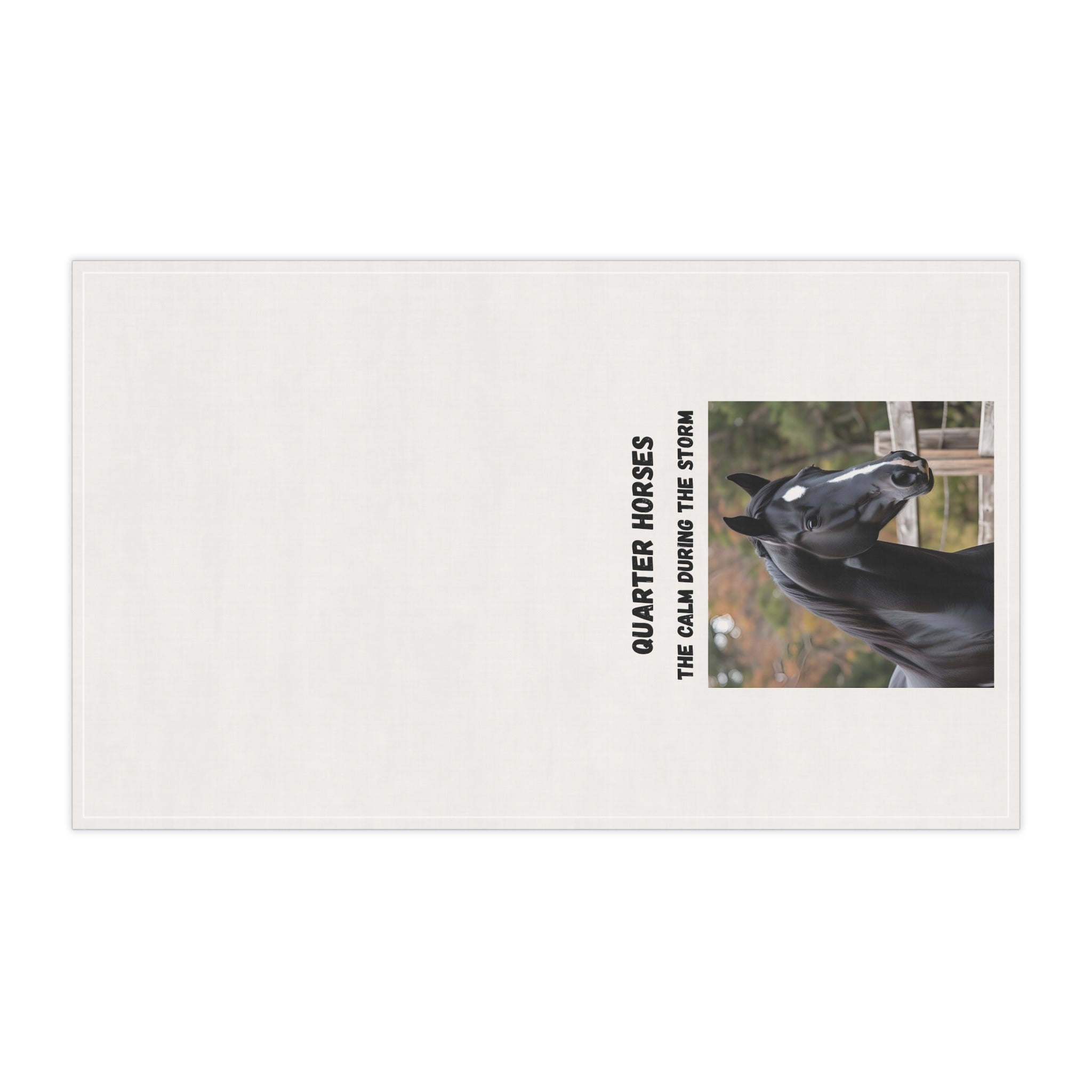 White horizontal kitchen towel with black horse head photo and vertical text