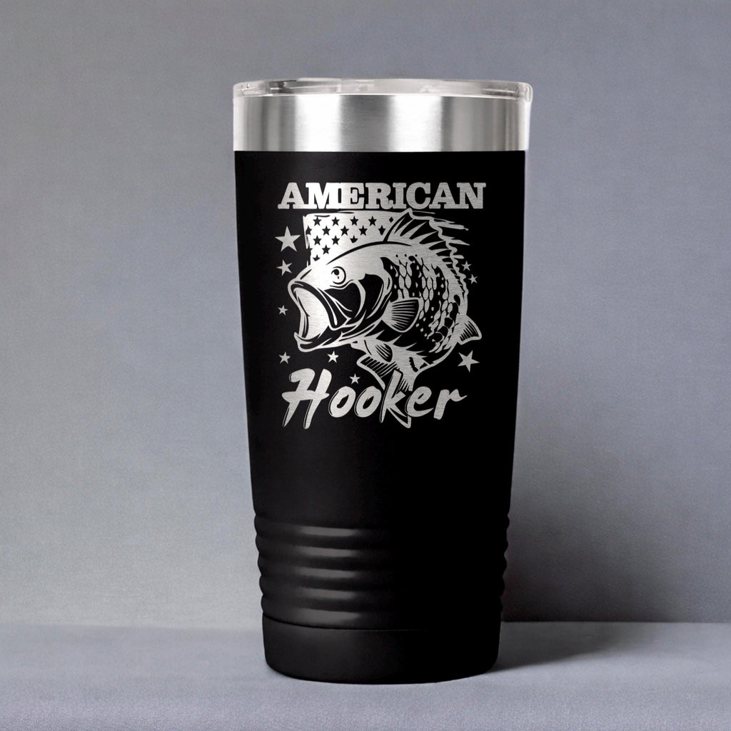 Insulated stainless steel tumbler with spill-resistant lid, black with American Hooker fish print
