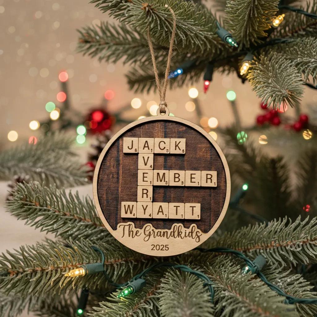 Hanging personalized Christmas ornament with dark-brown center, letter blocks, and 2025.