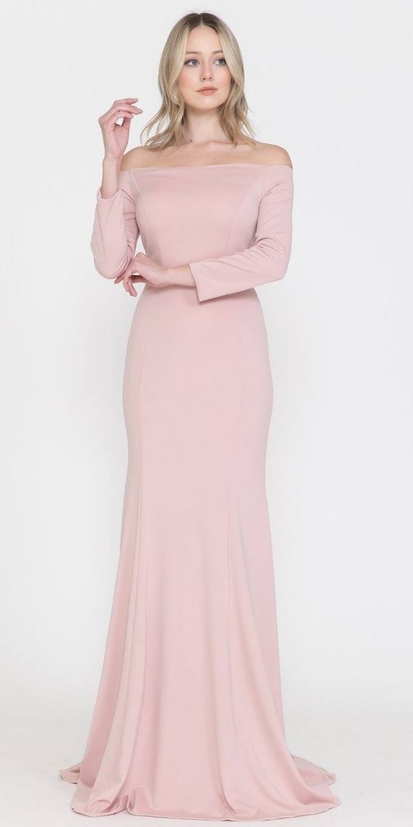 Blush off-shoulder long sleeve maxi dress with fitted bodice and floor-sweeping hem