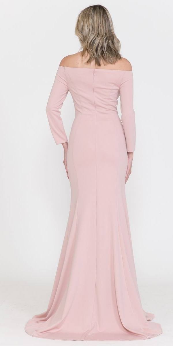 Blush off-shoulder long sleeve maxi dress, back view, fitted waist and long hem