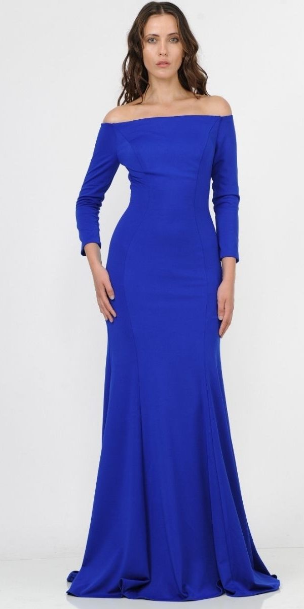Royal blue off-shoulder long sleeve maxi dress with fitted silhouette and flared skirt