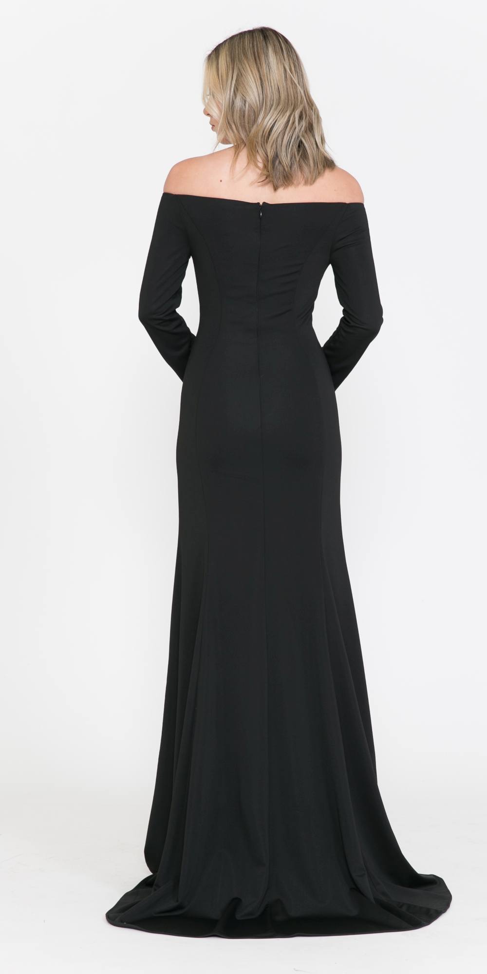 Black off-shoulder long-sleeve maxi dress with fitted bodice