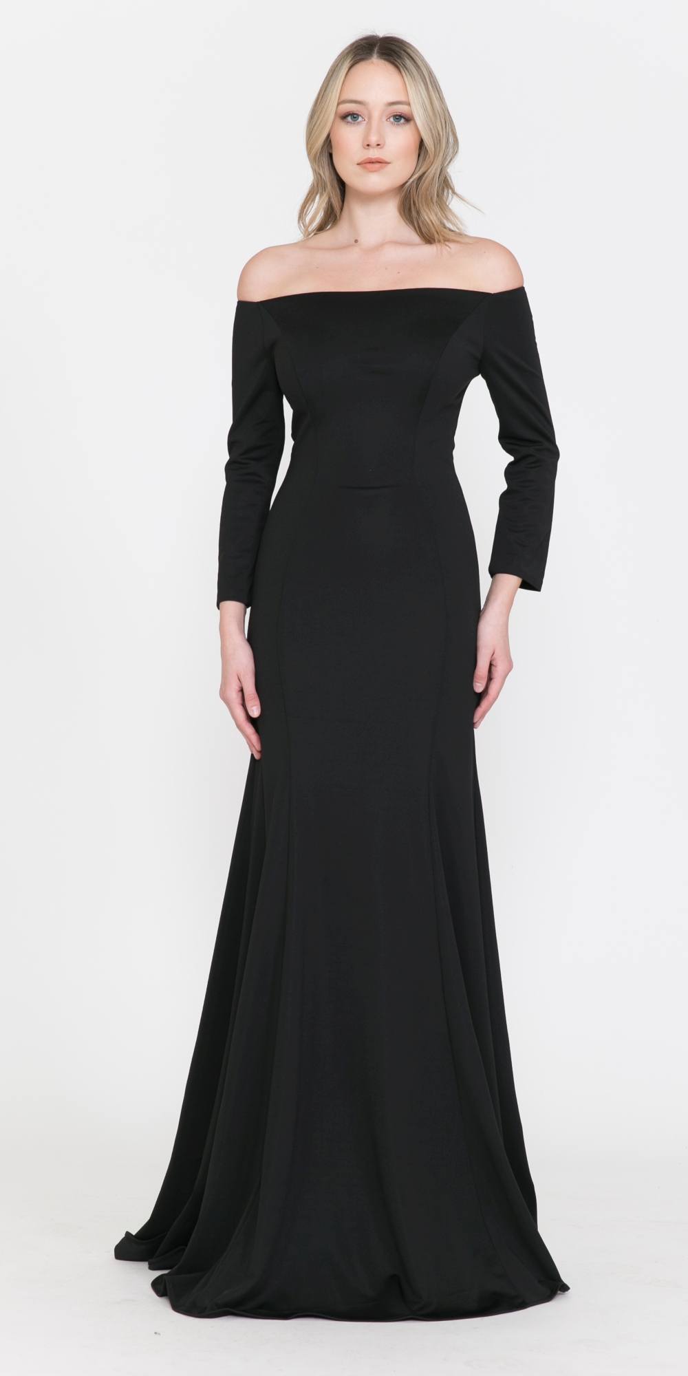 Black off-shoulder long sleeve maxi dress with fitted bodice and flared skirt