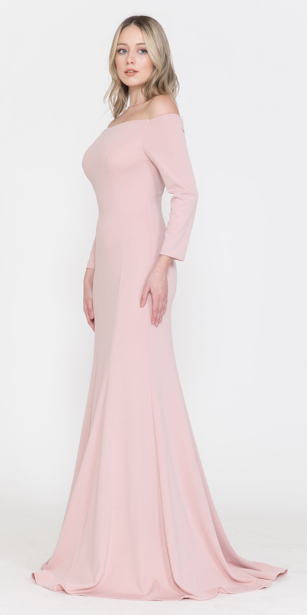Blush off-shoulder long sleeve maxi dress, side view, fitted bodice and flowing skirt