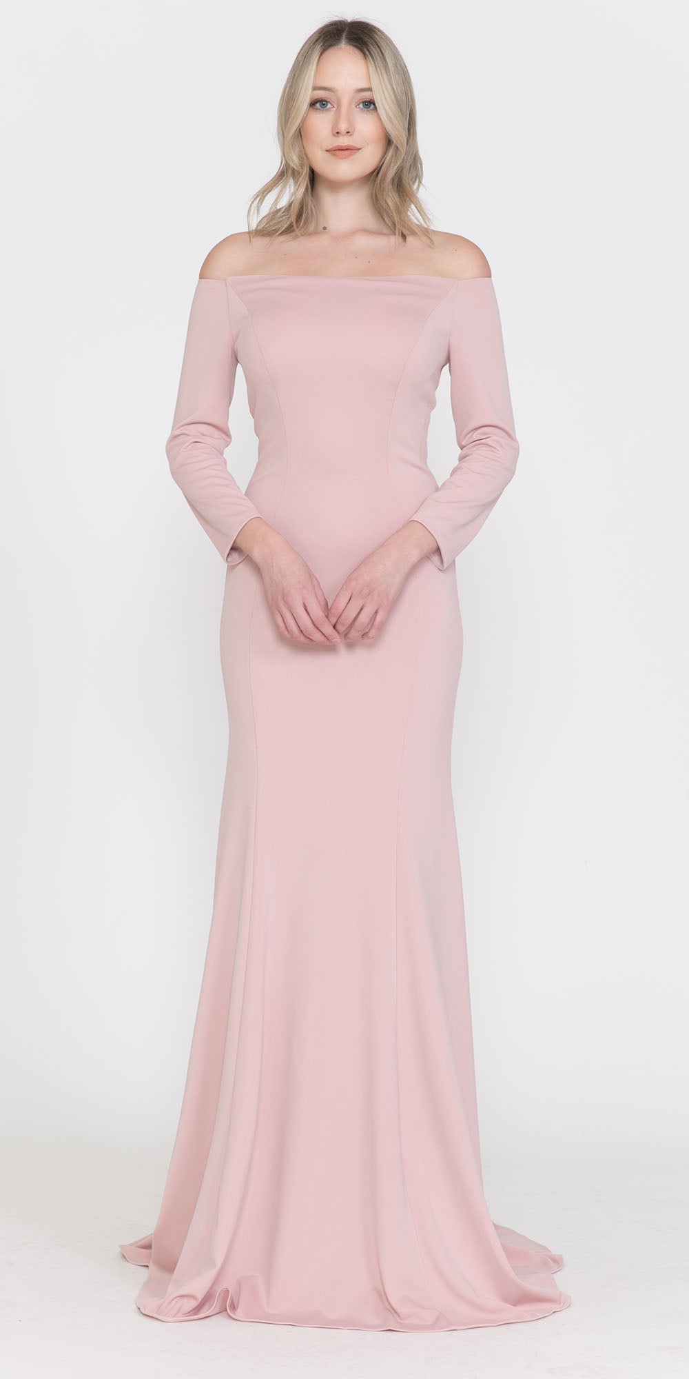 Blush off-shoulder long sleeve maxi dress with smooth neckline and flowing skirt