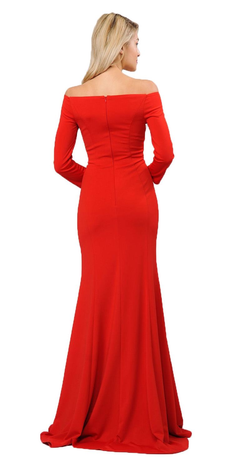 Red off-shoulder long sleeve maxi dress, back view, fitted waist and flared hem