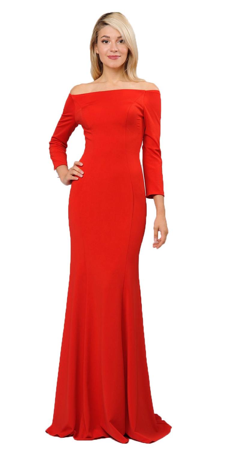 Red off-shoulder long sleeve maxi dress with fitted bodice and flared skirt