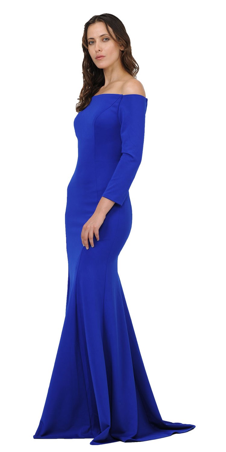 Royal blue off-shoulder long sleeve maxi dress, side view, fitted bodice and flared hem