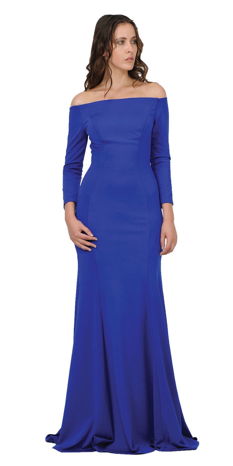 Royal blue off-shoulder long sleeve maxi dress, back view, fitted waist and long hem