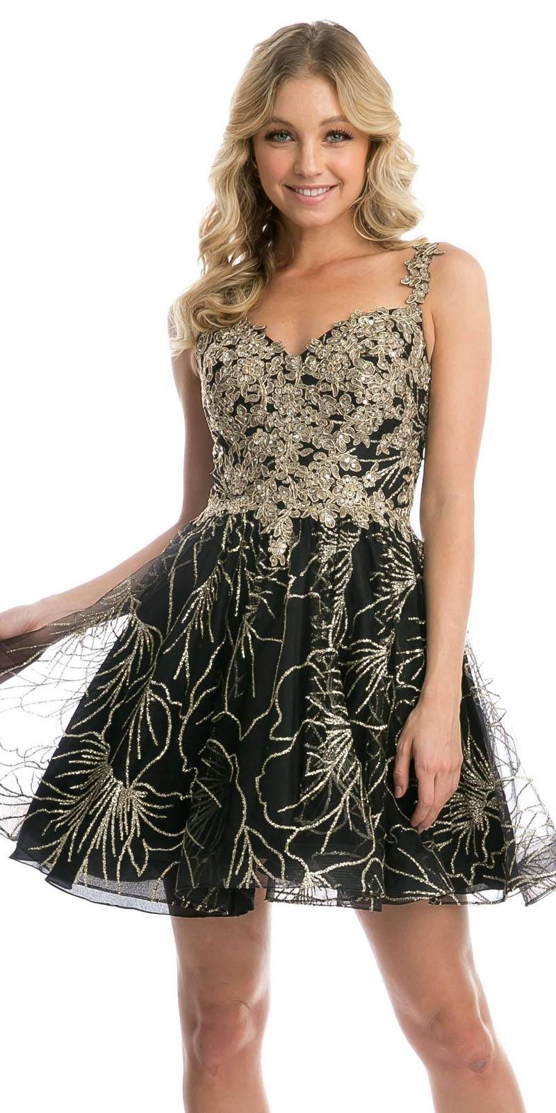 Juliet 838 homecoming short dress in dark with gold embroidered bodice and skirt