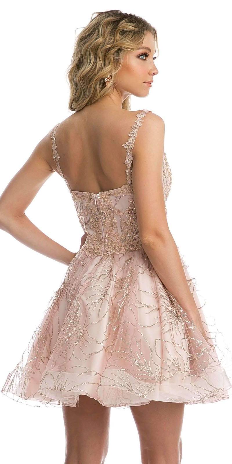 Juliet 838 homecoming short dress in blush pink with open back and lace appliques