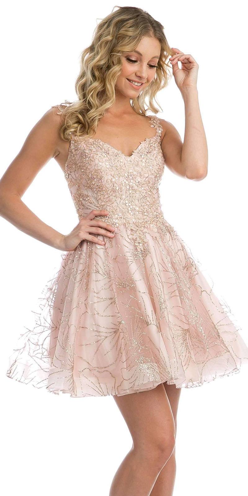 Juliet 838 homecoming short dress in blush pink with sparkling bodice and lace skirt