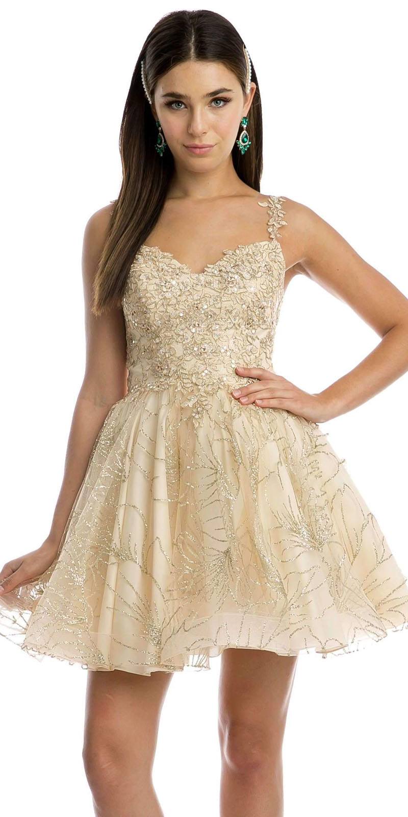 Juliet 838 homecoming short dress in champagne gold with glitter bodice and lace overlay