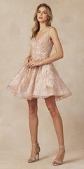 Juliet 838 homecoming short dress in blush pink with glittery bodice and lace appliques