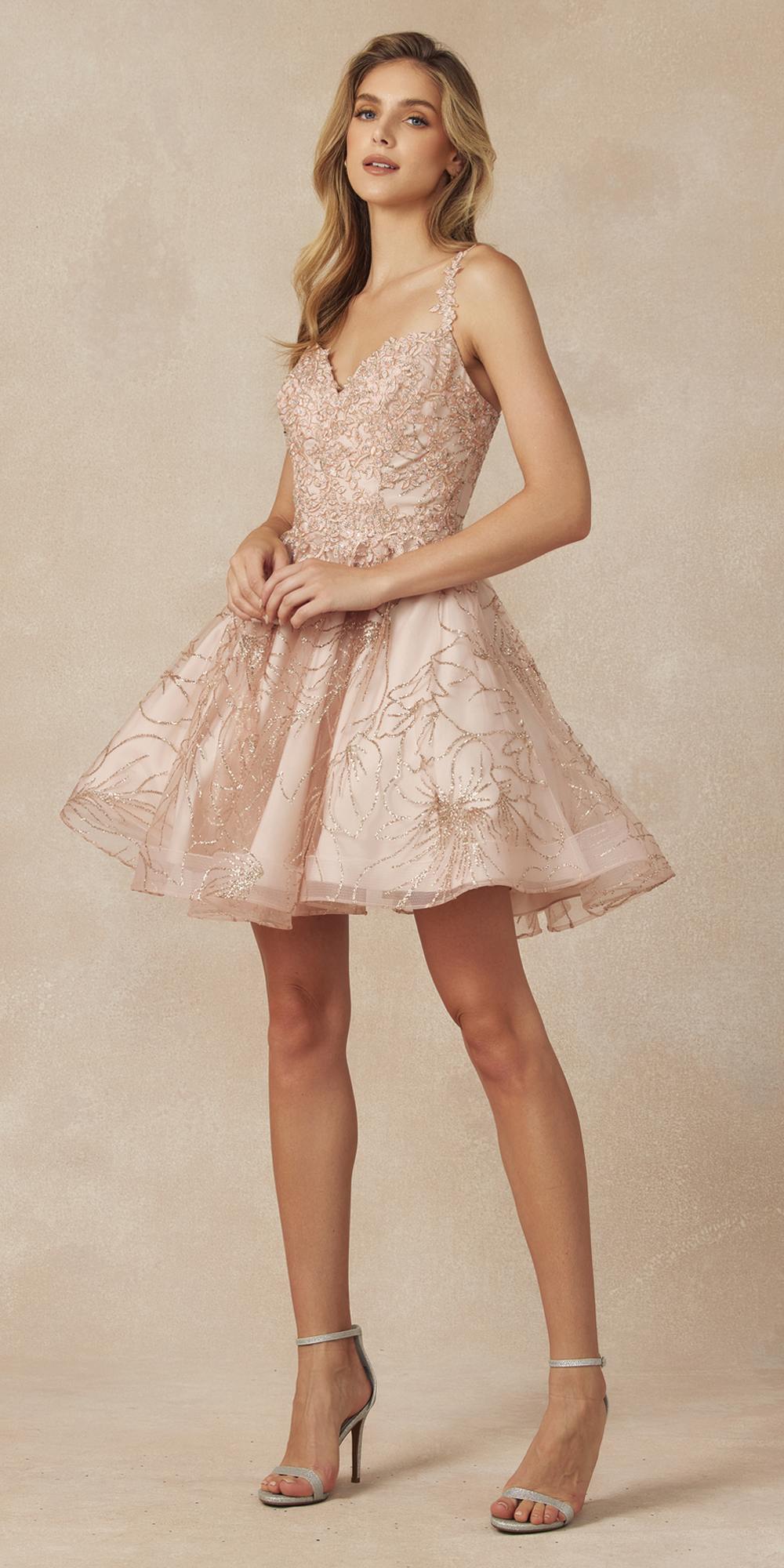 Juliet 838 homecoming short dress in blush pink with glittery bodice and lace appliques