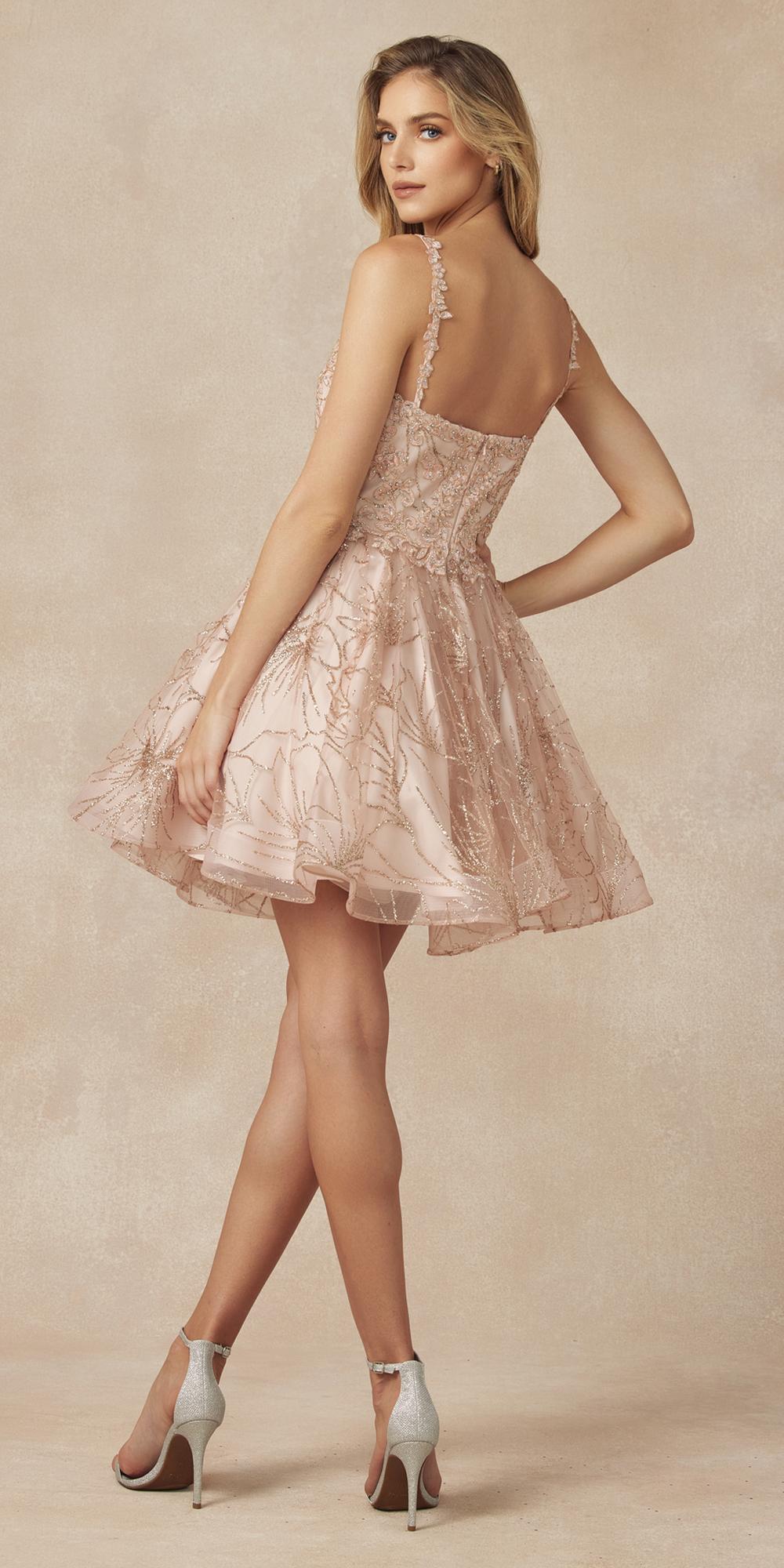 Juliet 838 homecoming short dress in blush pink with lace appliques and glitter straps