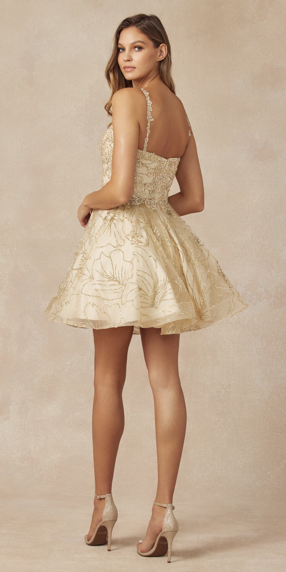 Champagne short dress with glitter applique and open-back design, flared skirt