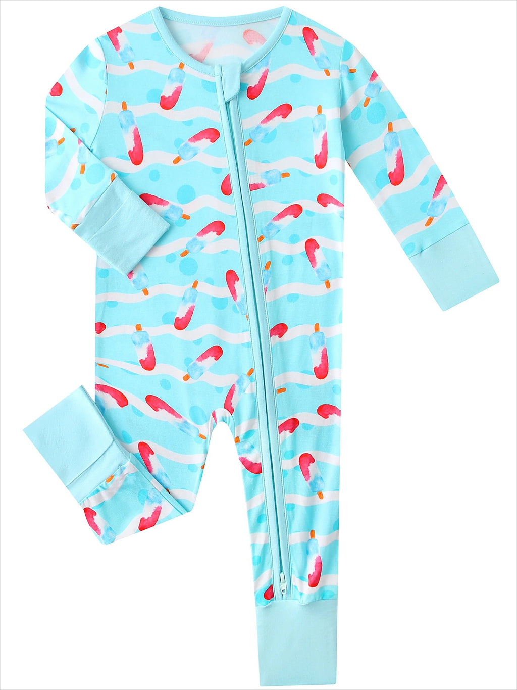 PoshTOT bamboo baby romper in light blue with red ice cream print, front 2-way zipper