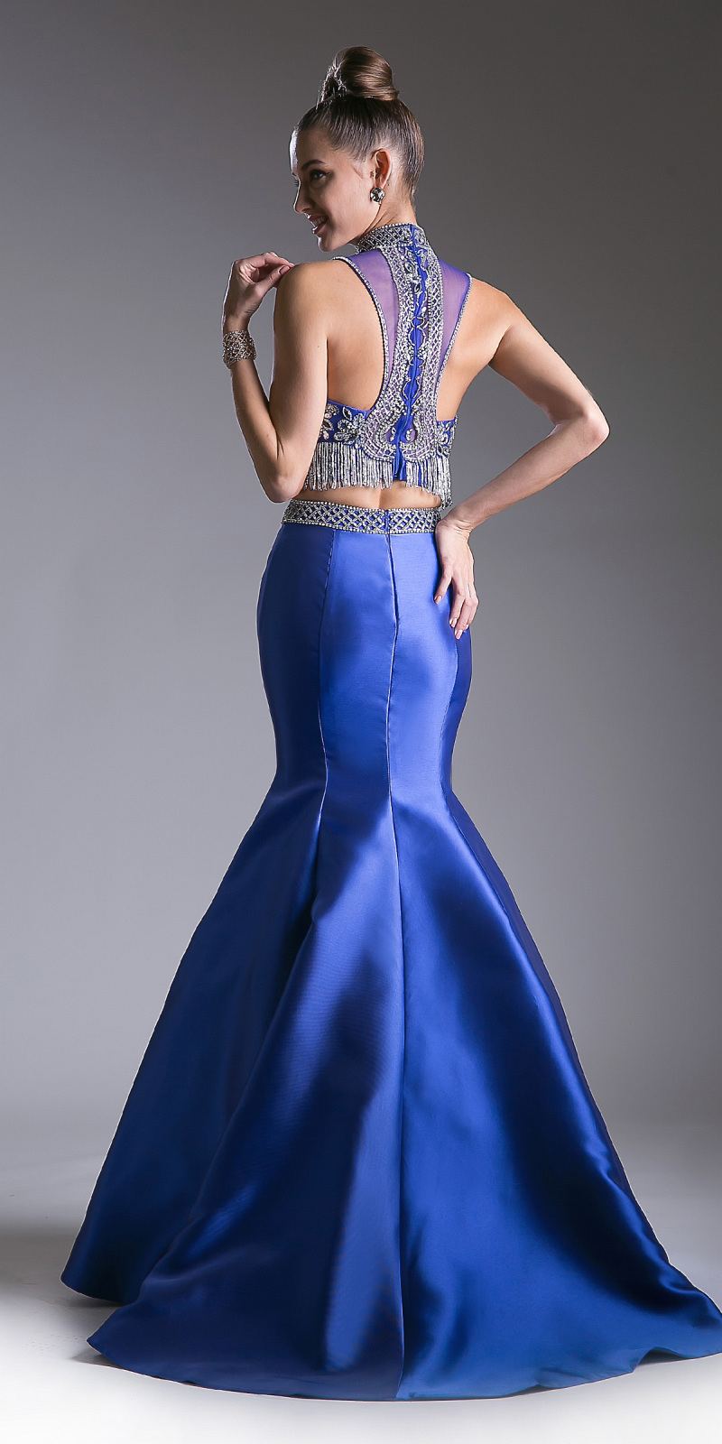 Royal blue mermaid gown with beaded halter bodice and T-back, sleeveless