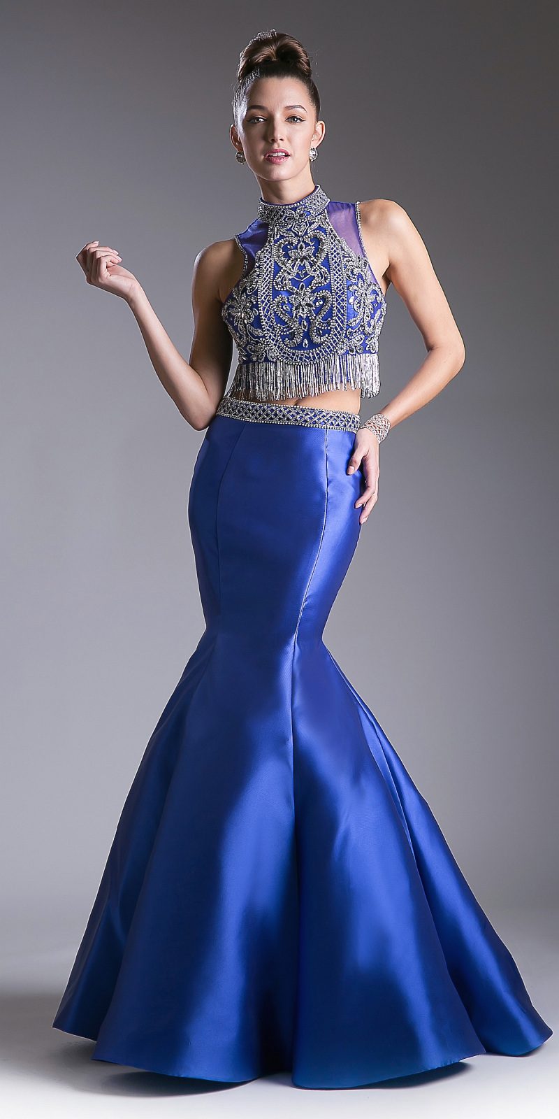 Royal blue mermaid gown with ornate beaded halter bodice and T-back