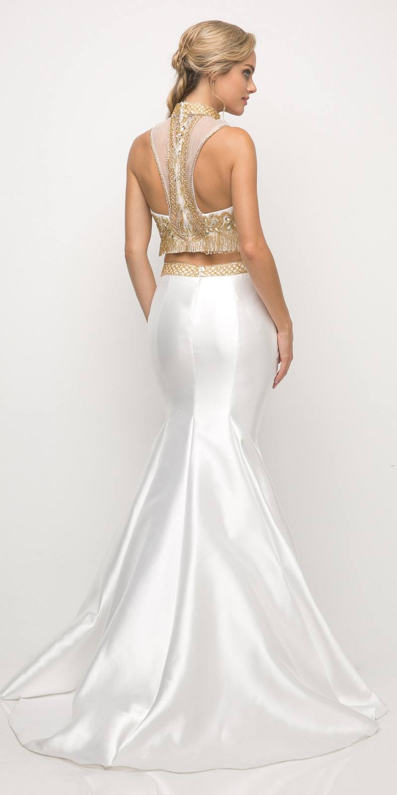 White mermaid gown, beaded sleeveless bodice and T-back, back view