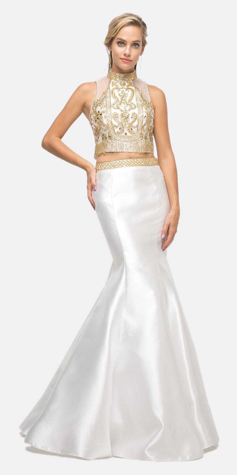 White mermaid gown with beaded sleeveless bodice and sheer illusion neckline