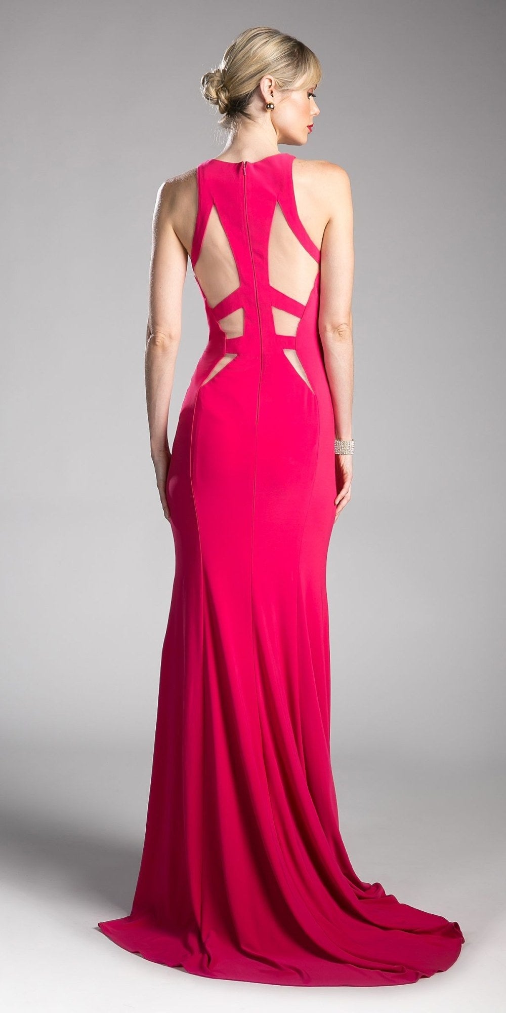 Floor-length prom dress, magenta with X-back cutouts and open back