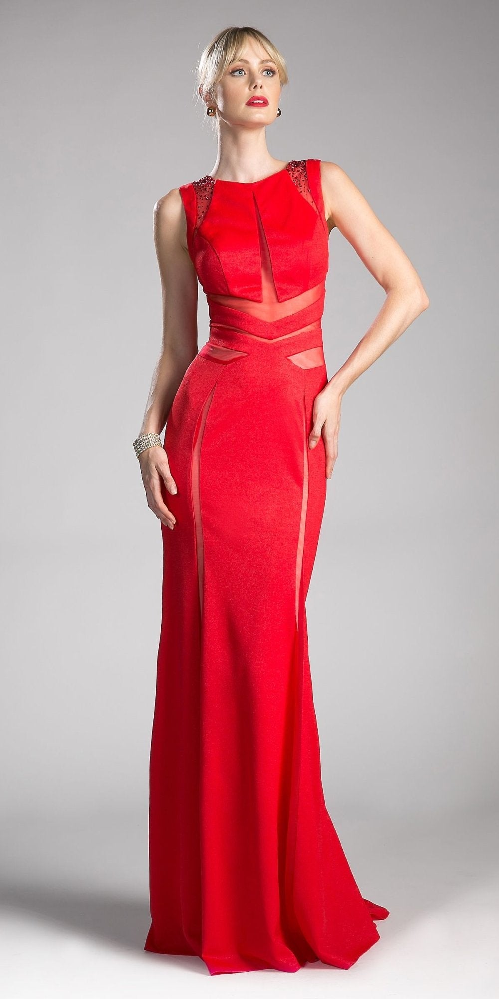 Red sleeveless sheer cut-out gown with beaded vertical trim and mesh cutout