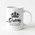 White ceramic coffee mug with black crown icon and “Queen” name print, right-side handle.